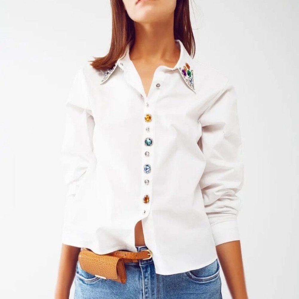 Q2 New with Tags Beaded Collar Shirt with Jewelled Buttons in White